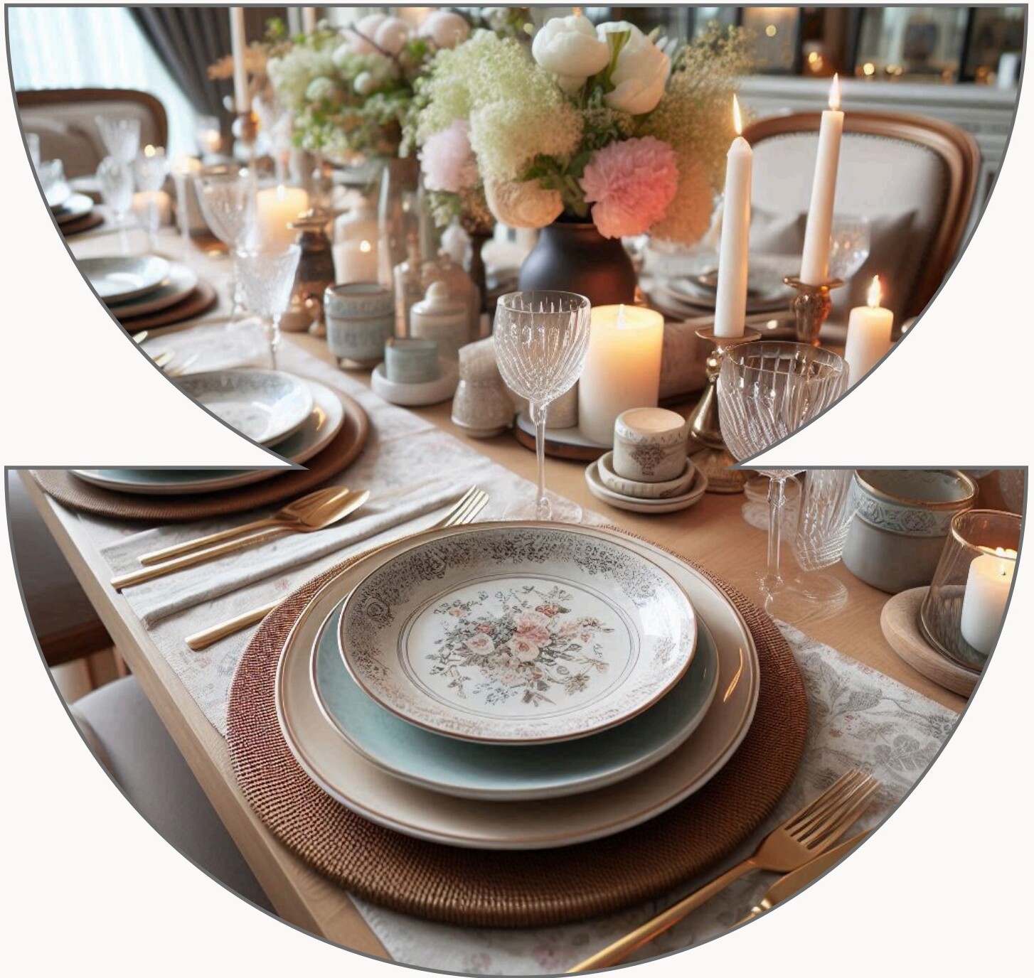 A meticulously set dining table with floral centerpieces and elegant dinnerware